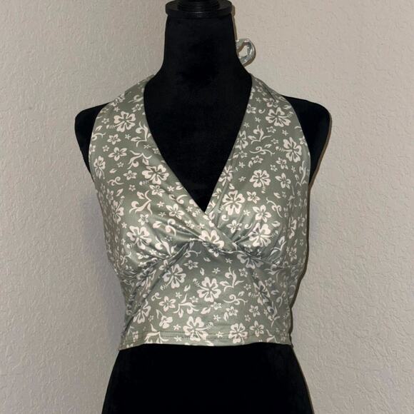 SHEIN Tops - Shein Halter Top Women Medium Green Ditsy Floral Cropped Tank Preppy Coquette